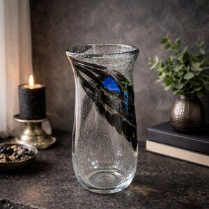 Hand Blown Art Glass Vase Modern Abstract Swirled Blue Green Black Studio Glass